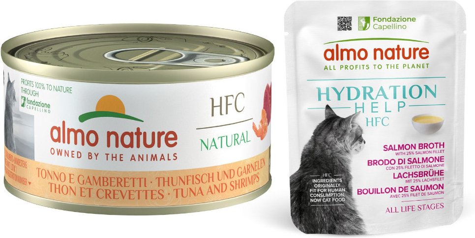 Thumbnail - 6 x 70 g Almo Nature HFC Natural + 6 x 50 g Hydration Help zum Sonderpreis! - Thunfisch und Garnelen + Lachsbrühe mit L...