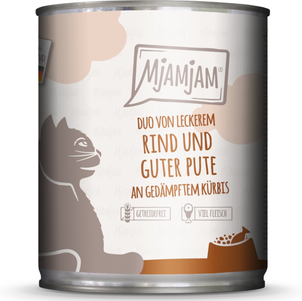 Sparpaket MjAMjAM Duo 12 x 800 g - leckeres Rind & gute Pute an gedämpftem Kürbis