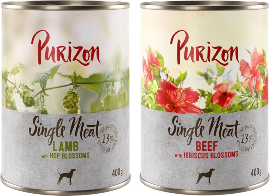 Sparpaket Purizon Single Meat 12 x 400 g - Mix: 6x Rind mit Hibiskusblüten, 6x Lamm mit Hopfenblüten