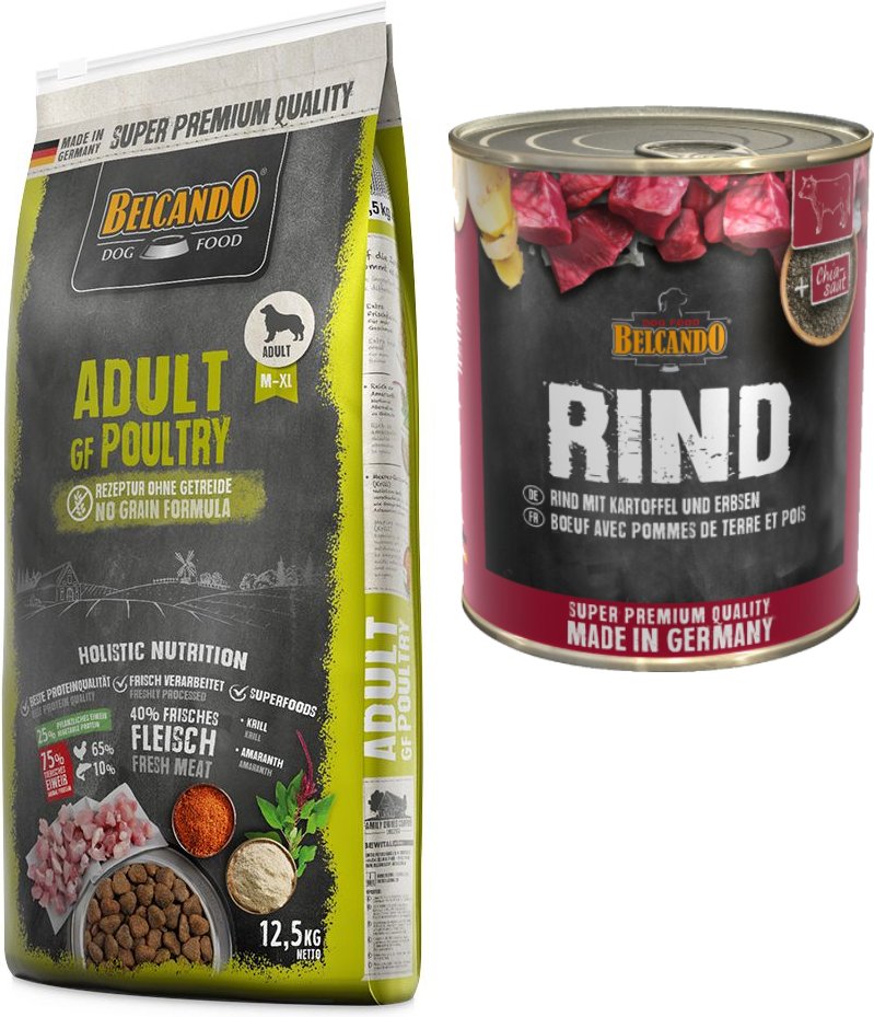 Belcando Adult Kombi-Paket: 12, 5 kg Trockenfutter Getreidefrei + 12 x 800 g Super Premium - 12,5 kg Geflügel + 12 x 800...