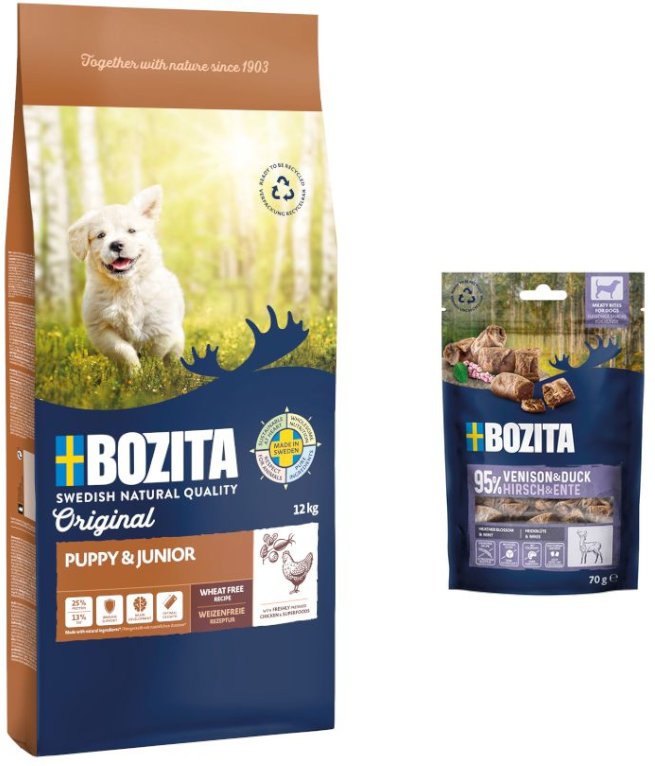 12 kg Bozita Original + 2 x 70 g Meaty Bites mit Hirsch & Ente gratis! - Puppy & Junior mit Huhn - Weizenfrei