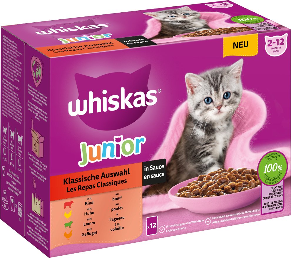 Multipack Whiskas Junior Frischebeutel 12 x 85 g - Klassische Auswahl in Sauce