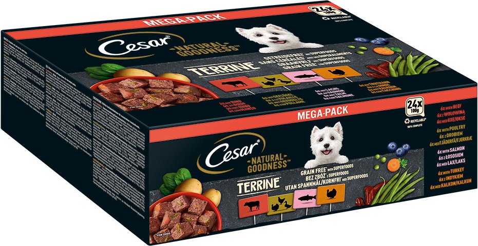 Cesar Natural Goodness Getreidefrei mit Superfoods 24 x 100 g - Terrine Mix (Geflügel, Truthahn, Rind, Lachs)