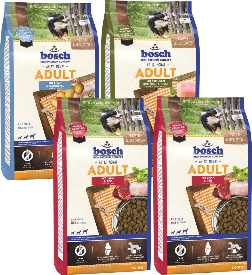 4 x 1 kg bosch Adult im gemischten Paket zum Sonderpreis! - Geflügel & Hirse, Fisch & Kartoffel, 2 x Lamm & Reis