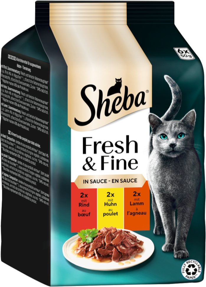 Multipack Sheba Fresh & Fine Frischebeutel 6 x 50 g - Rind, Huhn & Lamm in Sauce
