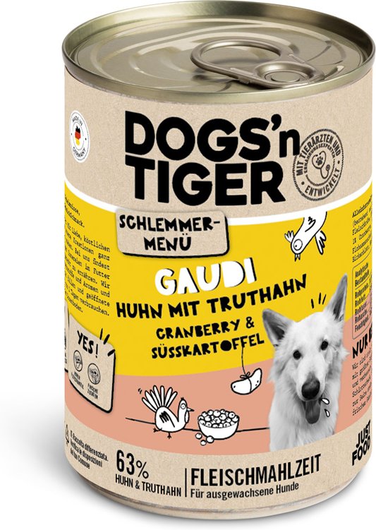 Sparpaket Dogs'n Tiger Schlemmermenü für Hunde 12 x 400 g - Huhn mit Truthahn, Cranberrys und Süßkartoffel