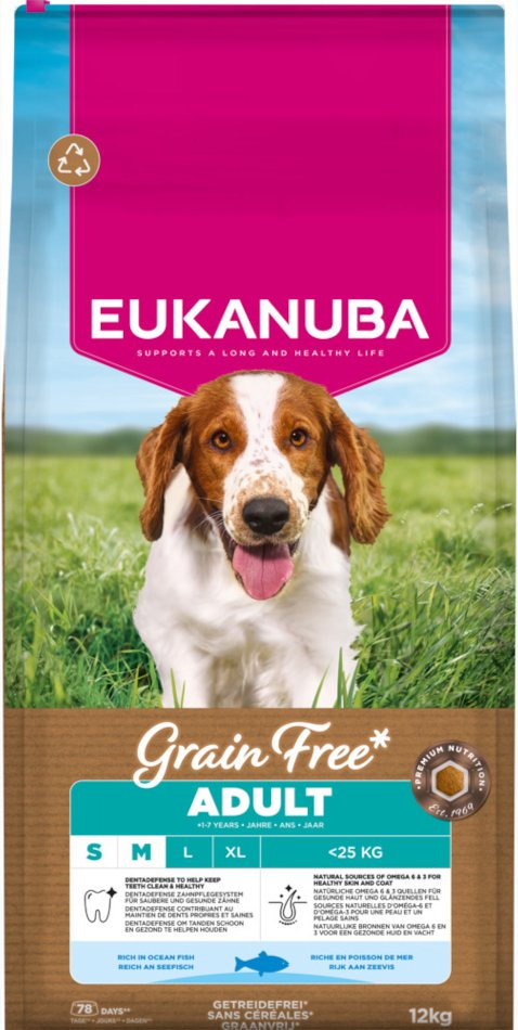 Eukanuba Grain Free Adult Small & Medium mit Seefisch - Sparpaket: 2 x 12 kg