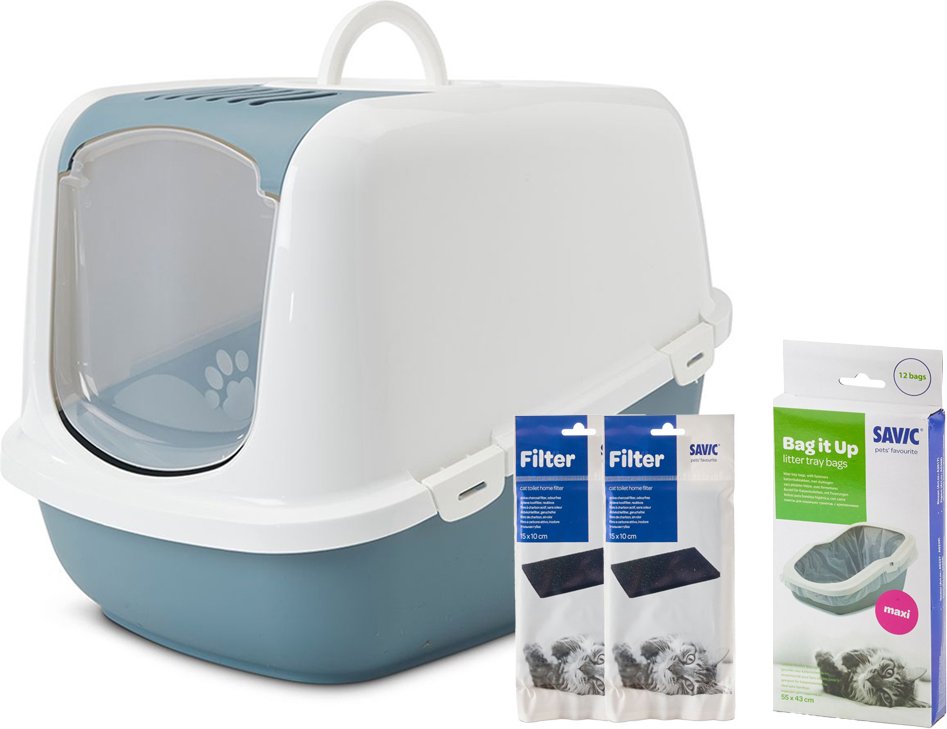 Savic Katzentoilette Nestor Jumbo - Toilette blaustein/weiß + 2 extra Filter + 6 Bag it up