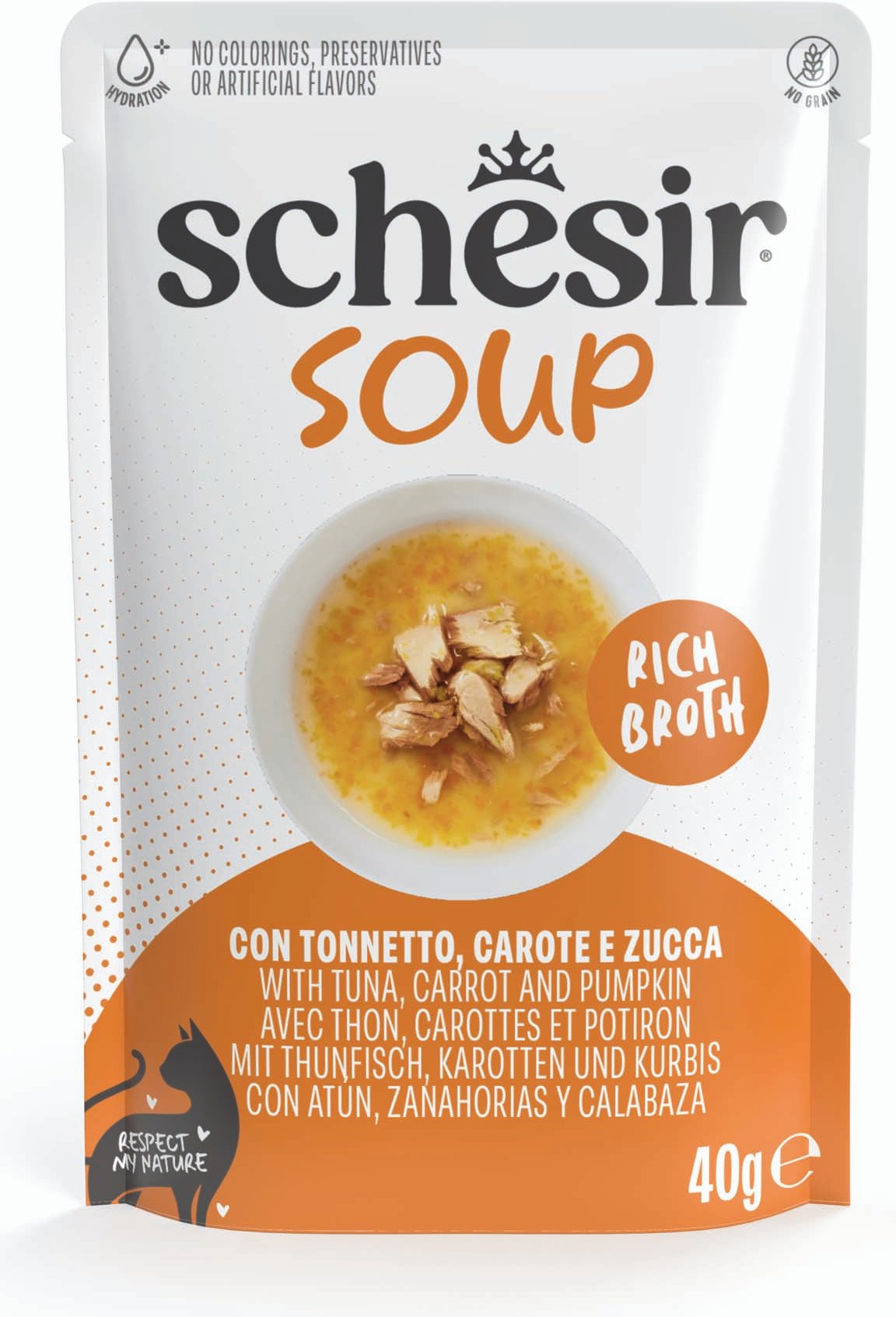 Schesir Cat Soup 12 x 40 g in Beuteln - Thunfisch, Karotten und Kürbis