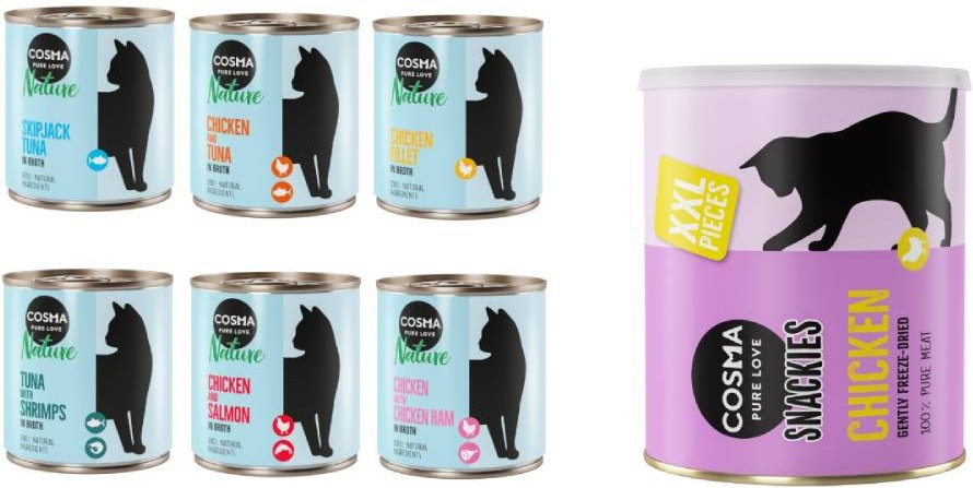 Cosma Kombi-Paket: 24 x 280 g Nature + 2 x 200 g Maxi Snackie XXL - Mixpaket 1 (6 Sorten) + Hühnchen