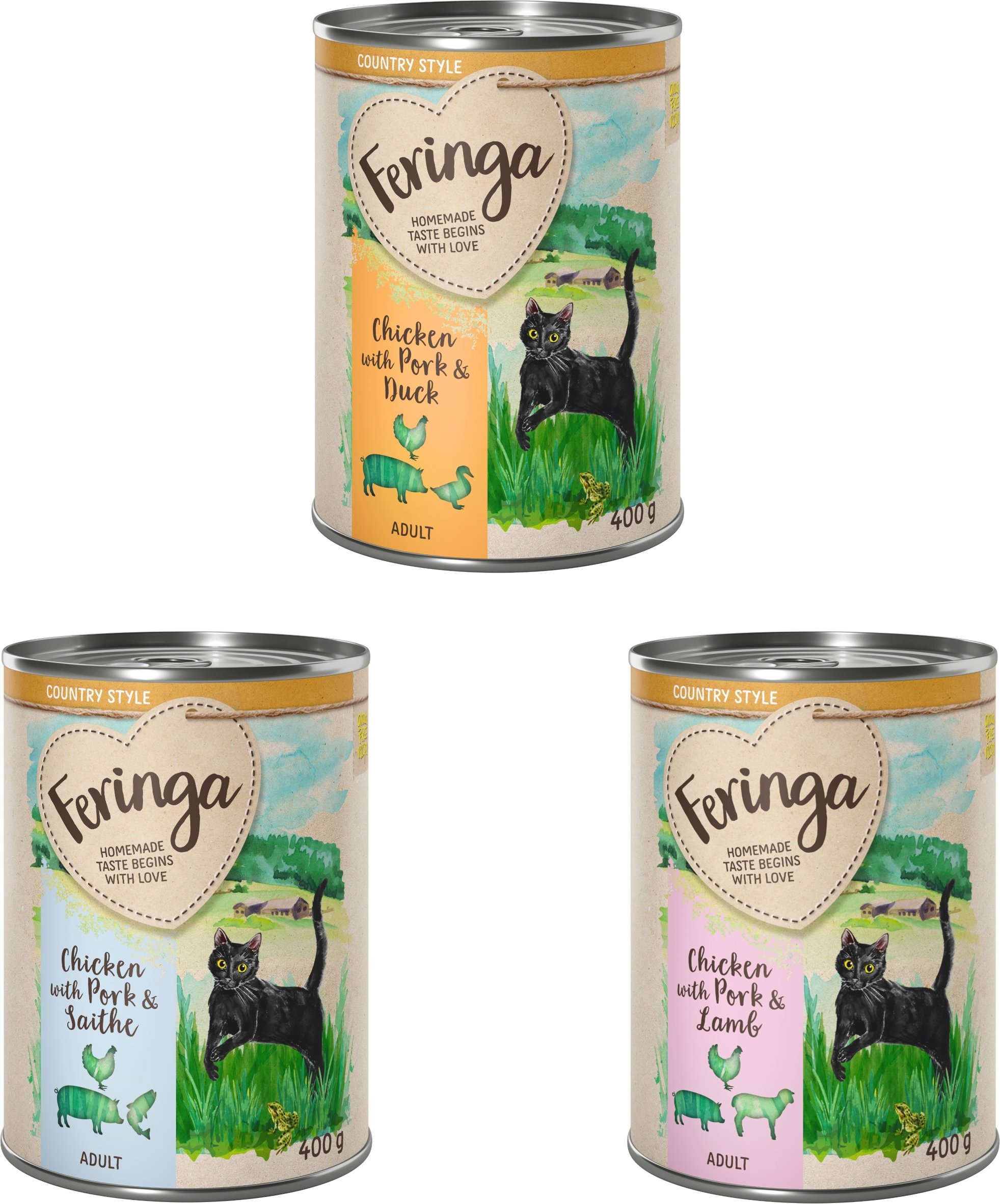 Sparpaket Feringa Country Style Menü 24 x 400 g - Mixpaket 2: Ente, Lamm, Seelachs