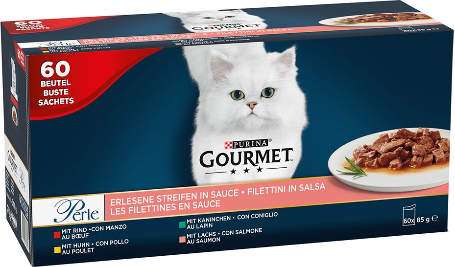 Mixpaket Gourmet Perle 60 x 85 g - Erlesene Streifen: Rind, Kaninchen, Lachs und Huhn