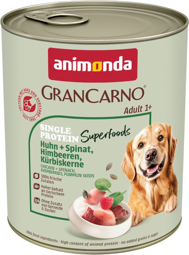 Animonda GranCarno Adult Single Protein Superfoods 6 x 800 g - Huhn + Spinat, Himbeeren, Kürbiskerne