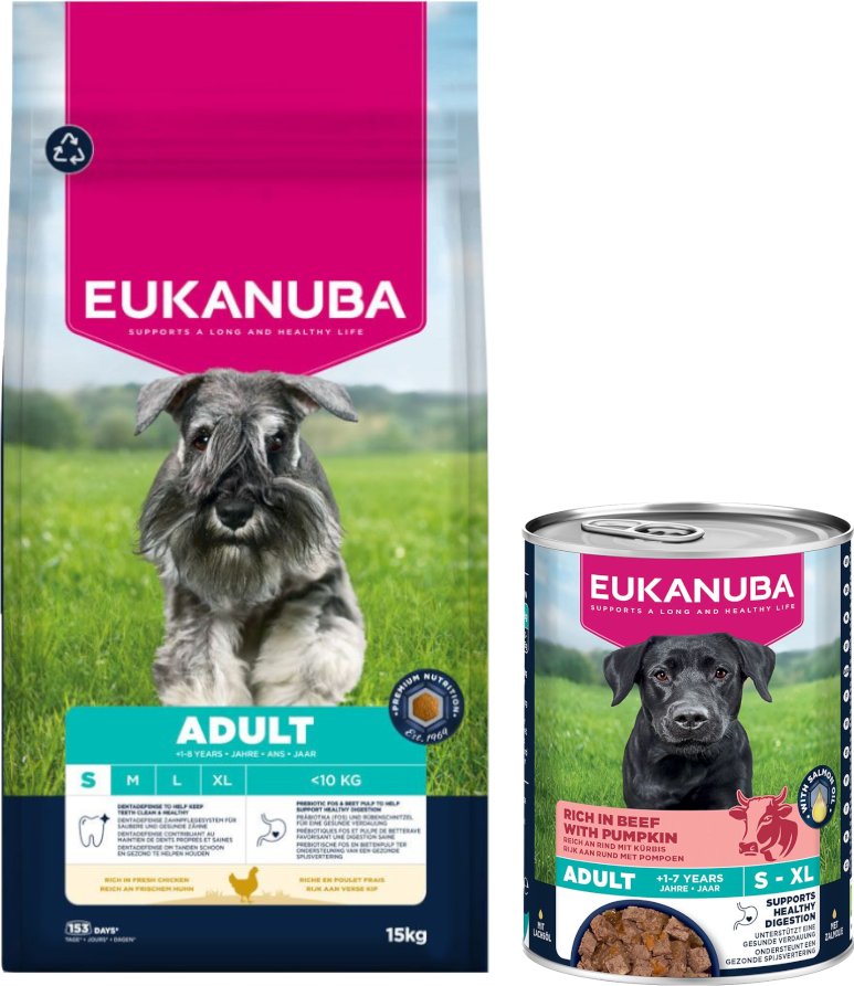 15 kg Eukanuba Premium Nutrition + 3 x 400 g passendes Nassfutter gratis! - Adult Small Breed Huhn + Adult Reich an Rind...