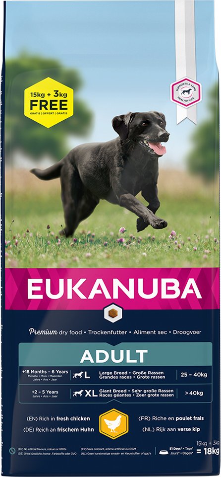 3 kg gratis! 18 kg Eukanuba Breed Huhn - Adult Large