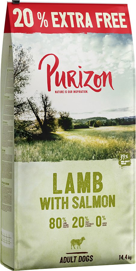 12 kg + 20% gratis! 14,4 kg Purizon Trockenfutter - getreidefrei - Lamm mit Lachs