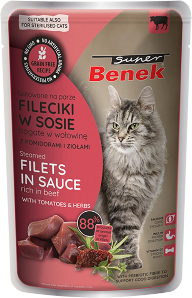Super Benek Getreidefrei Gedämpfte Filets 28 x 85 g - Rind mit Tomaten in Sauce