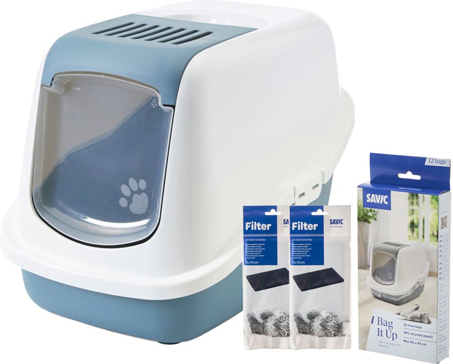 Savic Katzentoilette Nestor - Starterset: Toilette earth blue/weiß + 2 extra Filter + 12 Bag it up