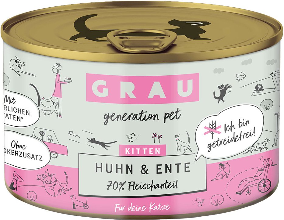 Sparpaket GRAU Kitten Getreidefrei 12 x 200 g - Huhn & Ente