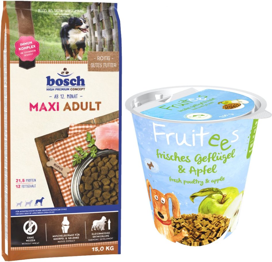 bosch Kombi-Paket: 15 kg HPC Trockenfutter + 3 x 200 g Fruitees (semi-moist) - Maxi Adult 15 kg + Fruitees Geflügel & Ap...