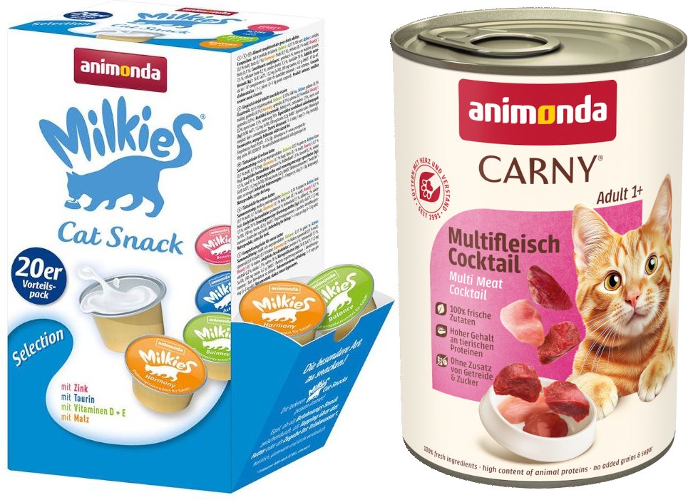 animonda Kombi-Paket: 12 x 400 g Carny Adult + 20 x 15 g Milkies Selection - Multifleisch-Cocktail + Milkies Snack (4 So...