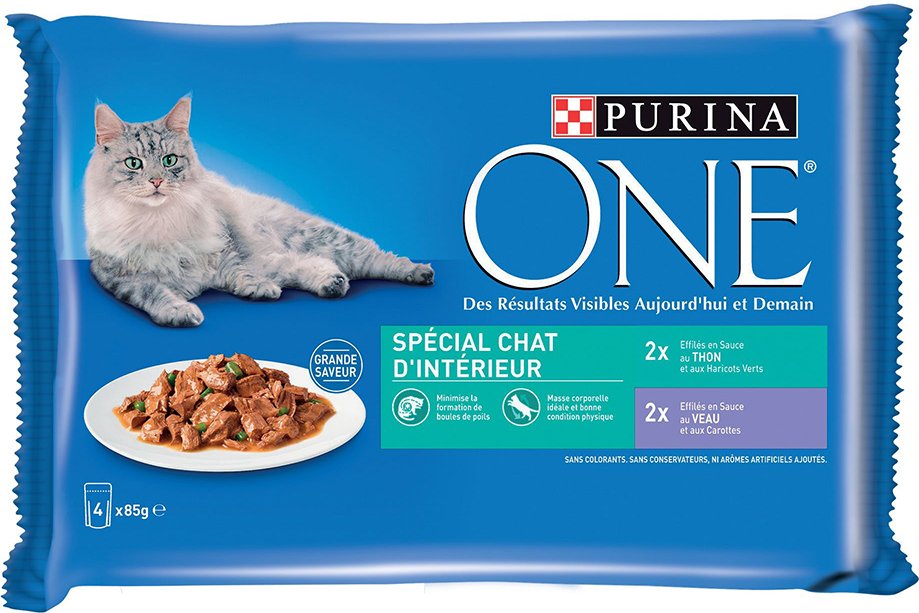 Sparpaket PURINA ONE 8 x 85 g - Indoor Thunfisch und Kalbfleisch