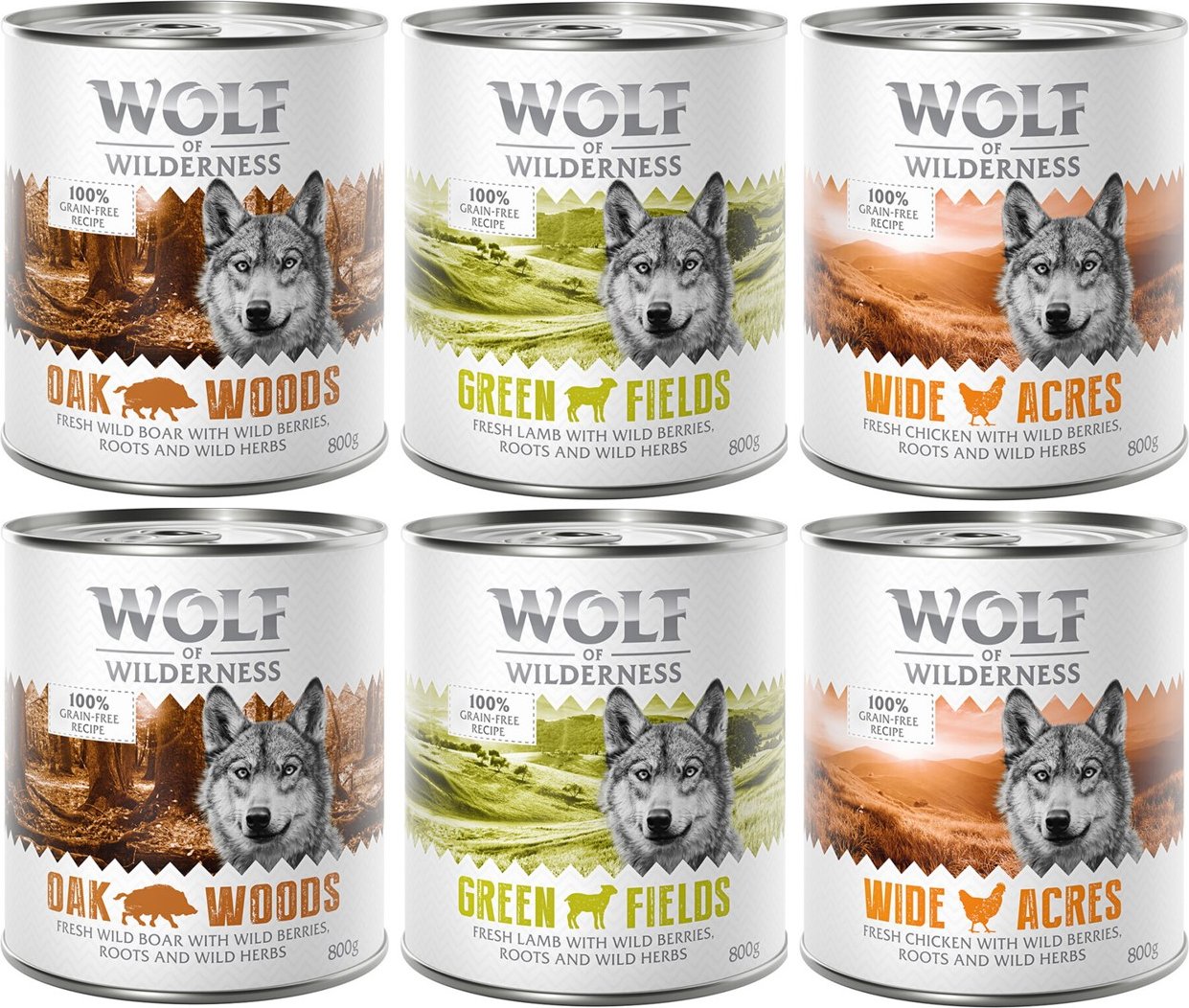 Wolf of Wilderness Adult - Mixpaket - 6 x 800 g: Wildschwein, Huhn, Lamm