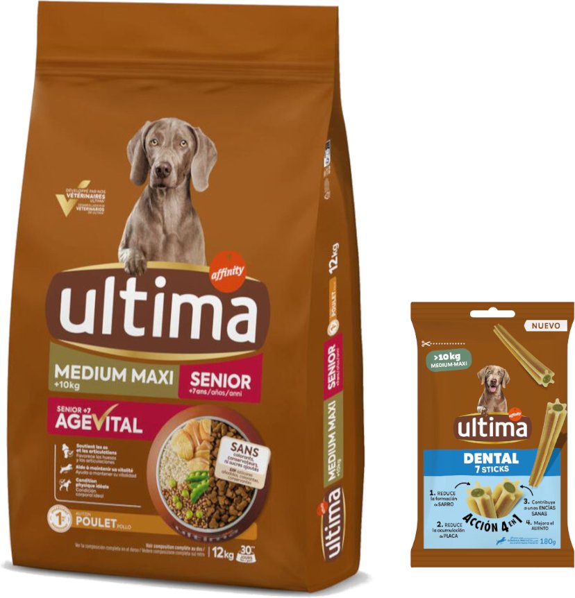Ultima Trockenfutter + 180 g Dental Sticks Medium / Maxi gratis! - Medium / Maxi Senior Huhn 12 kg