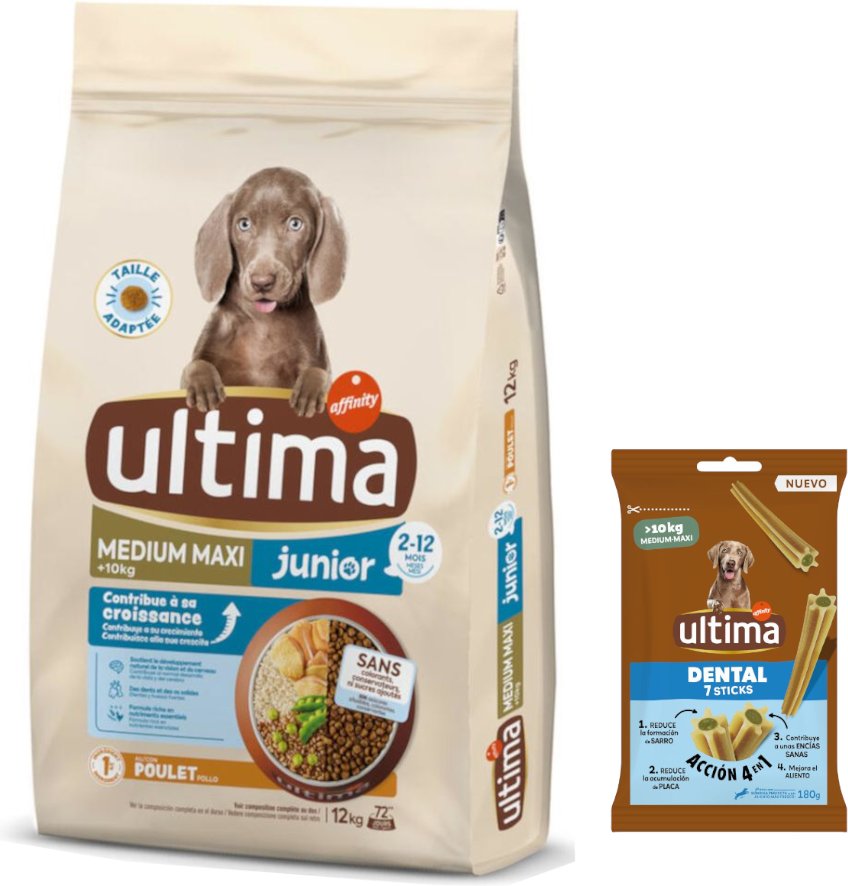 Ultima Trockenfutter + 180 g Dental Sticks Medium / Maxi gratis! - Medium / Maxi Junior Huhn 12 kg