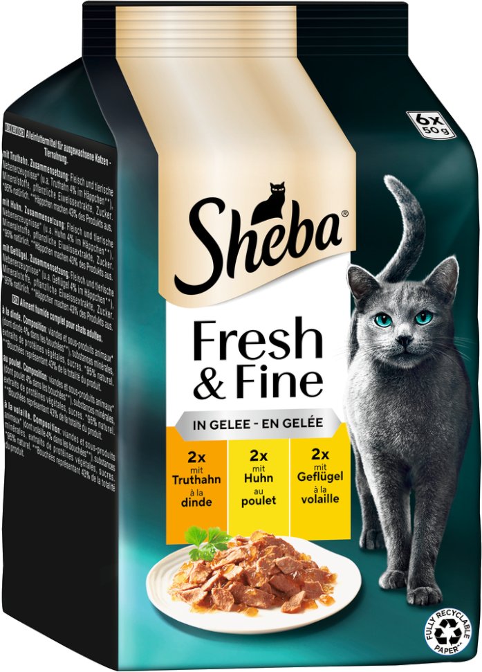 Megapack Sheba Fresh & Fine Frischebeutel 12 x 50 g - Truthahn, Huhn & Geflügel in Gelee