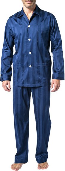 DEREK ROSE Herren Pyjama Set blau Baumwolle & Mix Gestreift Classic Fit