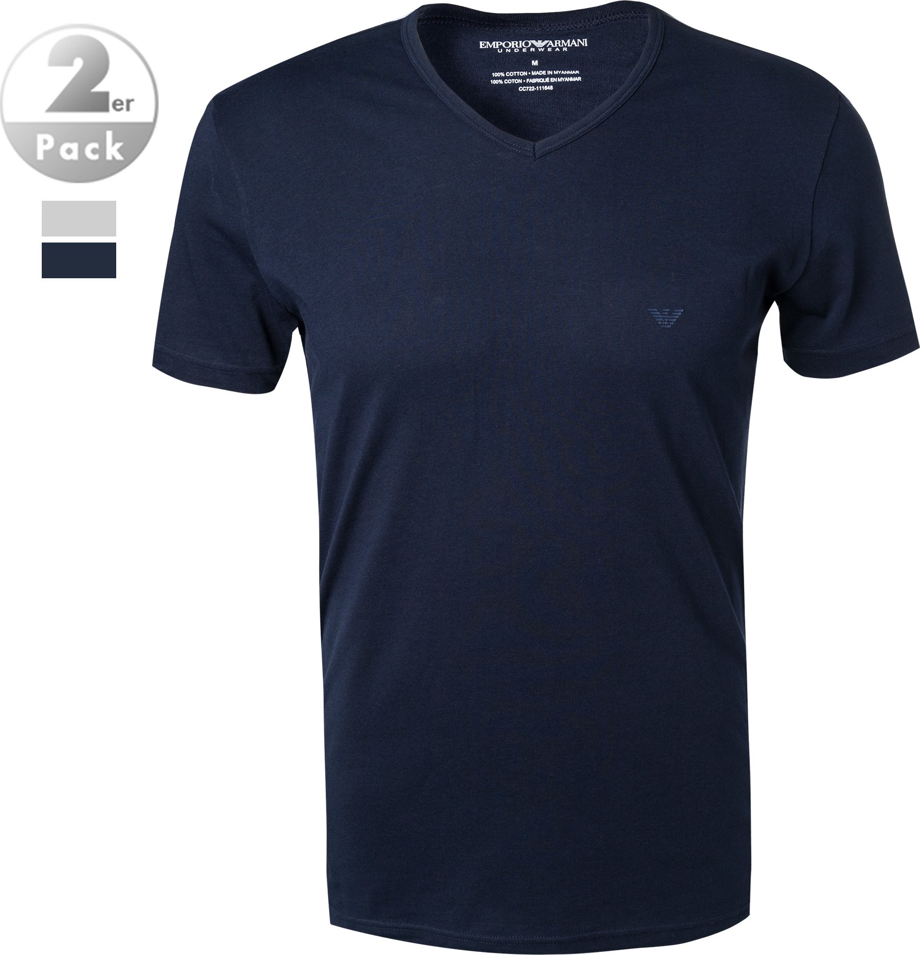 Thumbnail - EMPORIO ARMANI Herren V-Shirt blau Reine Baumwolle unifarben