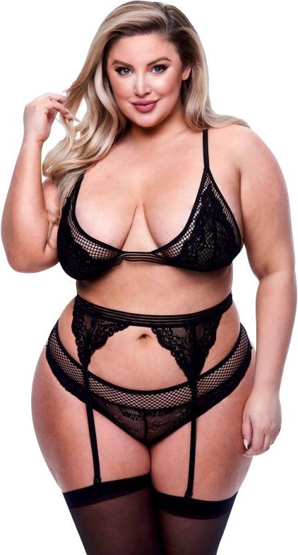 Baci - 3pc Lace & Mesh Bra, Garter & Panty Set-Black Queen