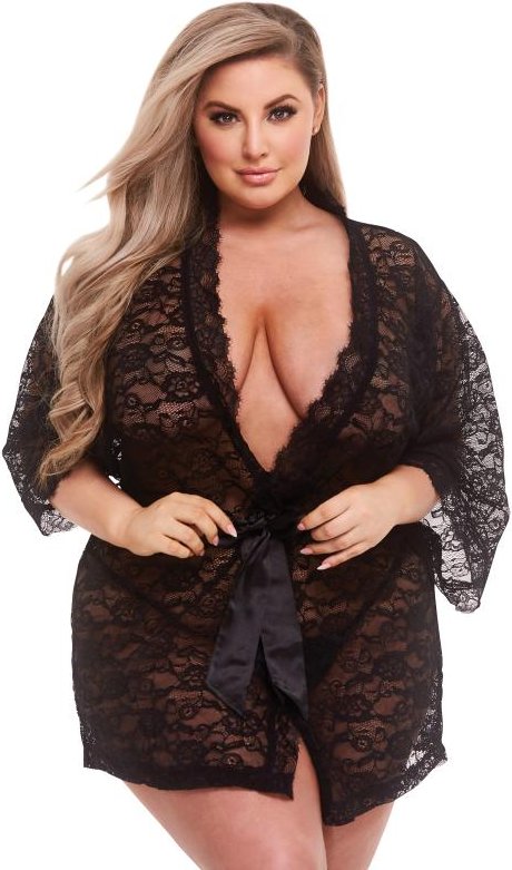 Baci - Allover Lace & Satin Robe Black Queen