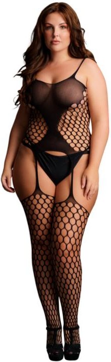 Le Desir - Strapsgürtel-Bodystocking im Zaunnetz-Look - Queen Size - Schwar