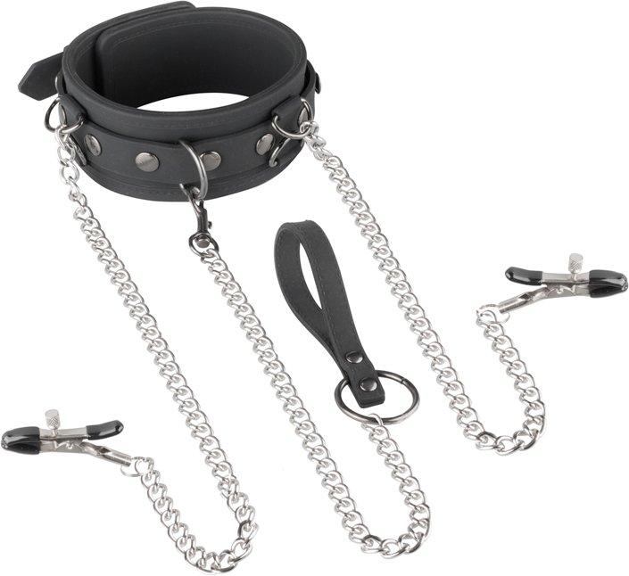 Kunstlederhalsband mit Kette und Nippelklemmen