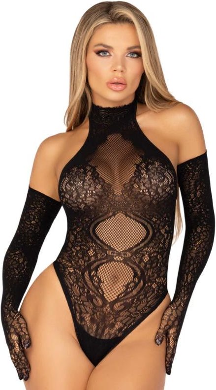 Leg Avenue – Spitzen-Halterneck Teddy & Handschuhe – Schwarz