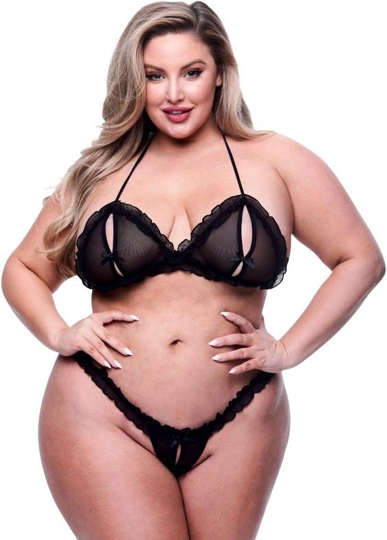 Baci - 2pc Peek-a-boo Bra & Crotchless G-string Set Black