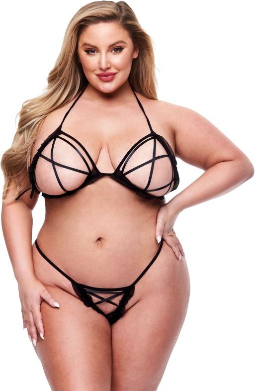 Baci - 2pc Peek-a-boo Bra & Crotchless G-string Set Black Queen