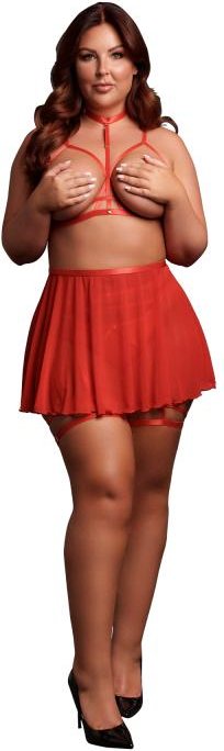 Thumbnail - Le Desir - 4-teiliges Peek-A-Boo Mesh Dessous-Set Queen Size - Rot