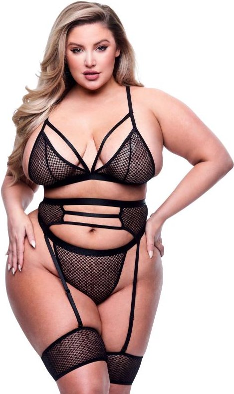 Baci - 3pc Strappy Bra, Garter & Panty Set Black Queen