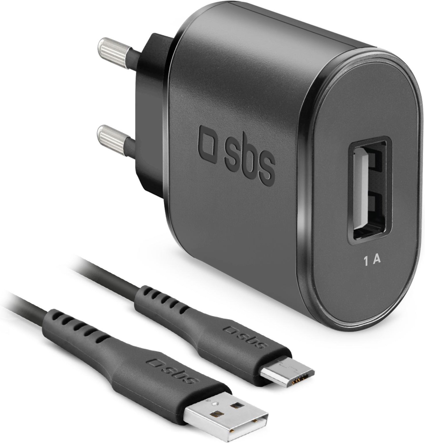 Reiseladeset mit Micro-USB-Kabel, USB-A, 5 W, 1A, 1 m, Schwarz