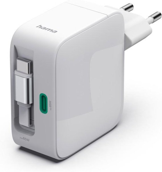 Schnellladegerät, GaN, 2x USB-C, ausziehbares Ladekabel, PD, 65 W, Weiß (00201957)