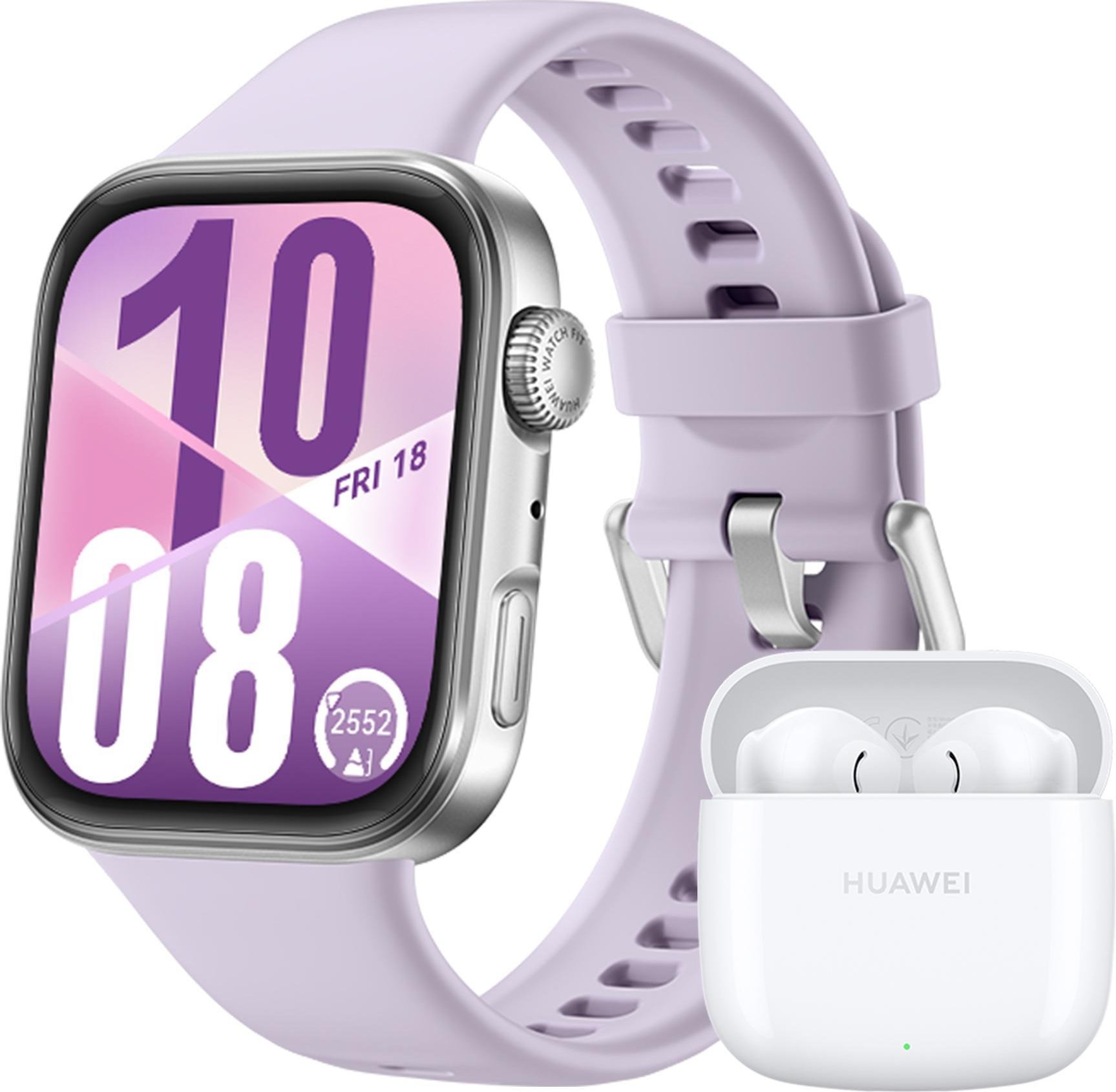 Watch Fit 4, silbernes Gehäuse mit violettem Fluorelastomer-Armband + FreeBuds SE 2