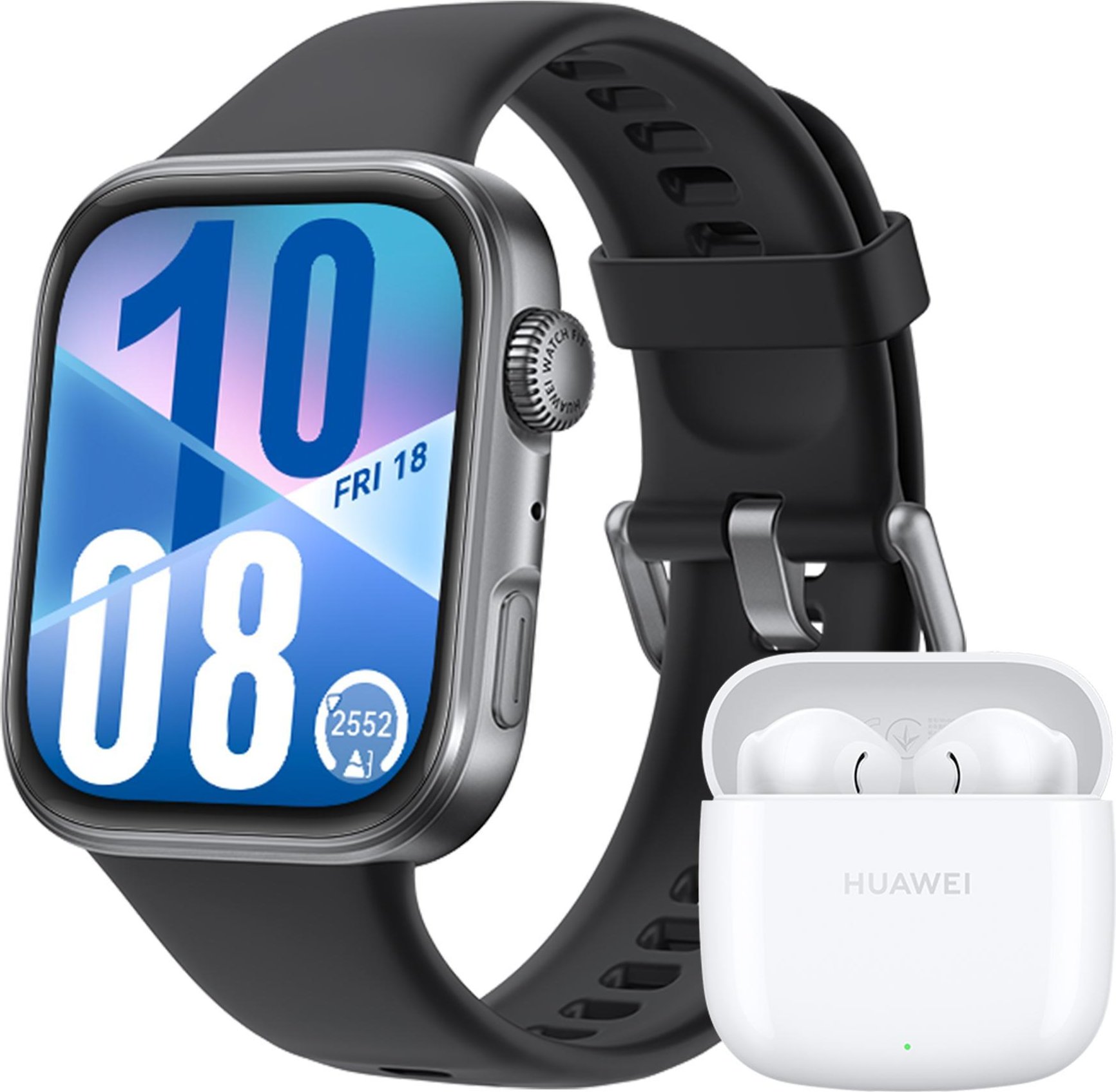 Watch Fit 4, schwarzes Gehäuse mit schwarzem Fluorelastomer-Armband + FreeBuds SE 2
