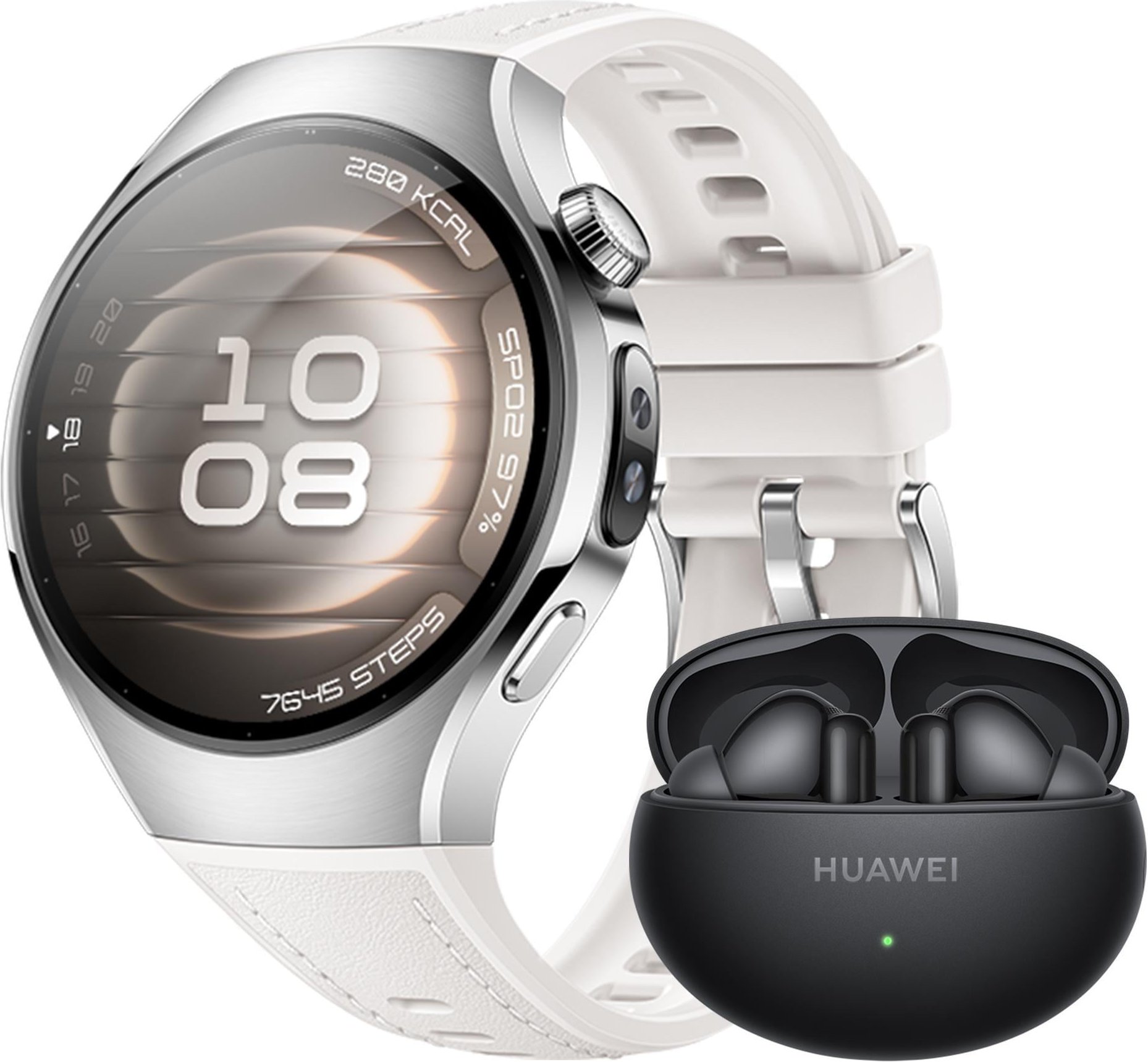 Watch 5, 42 mm, Edelstahlgehäuse mit weißem Kompositarmband + FreeBuds 6i