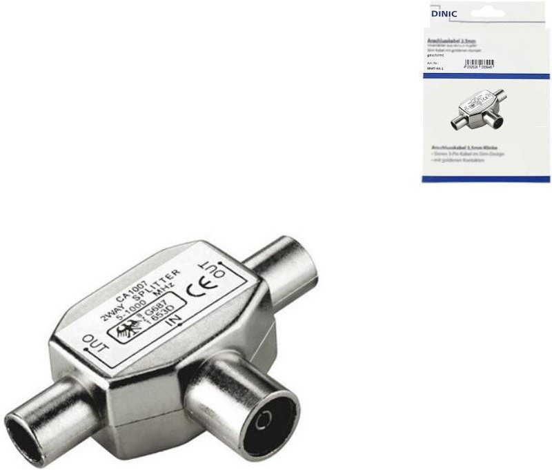 2x Koaxial-Stecker auf Koaxial-Kupplung, Box 2 TV-Geräte auf 1 Antennendose, Metall