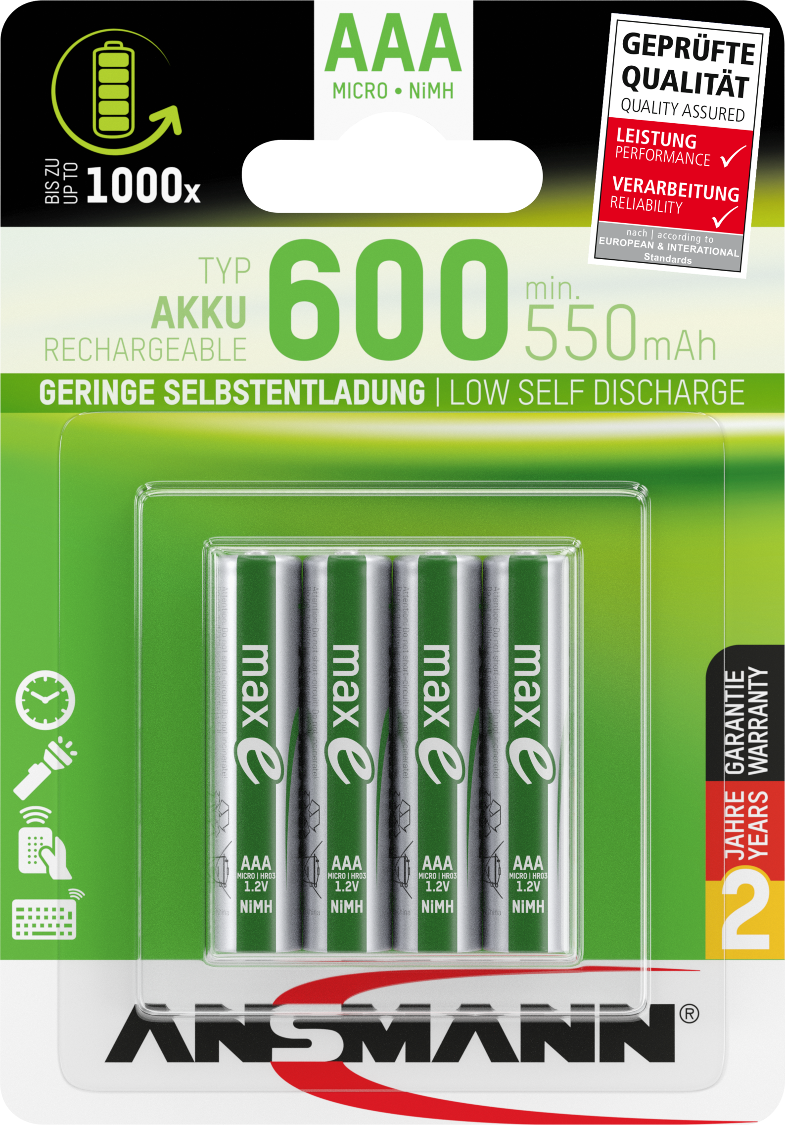 NiMH Akku Micro AAA Typ 600 (min. 550 mAh) maxE 4er Blister Akku