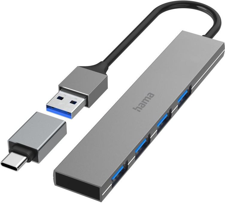 USB-Hub, 4 Ports, USB 3.2 Gen1, 5 Gbit/s, Ultra Slim, inkl. USB-C-Adapter (00200141)