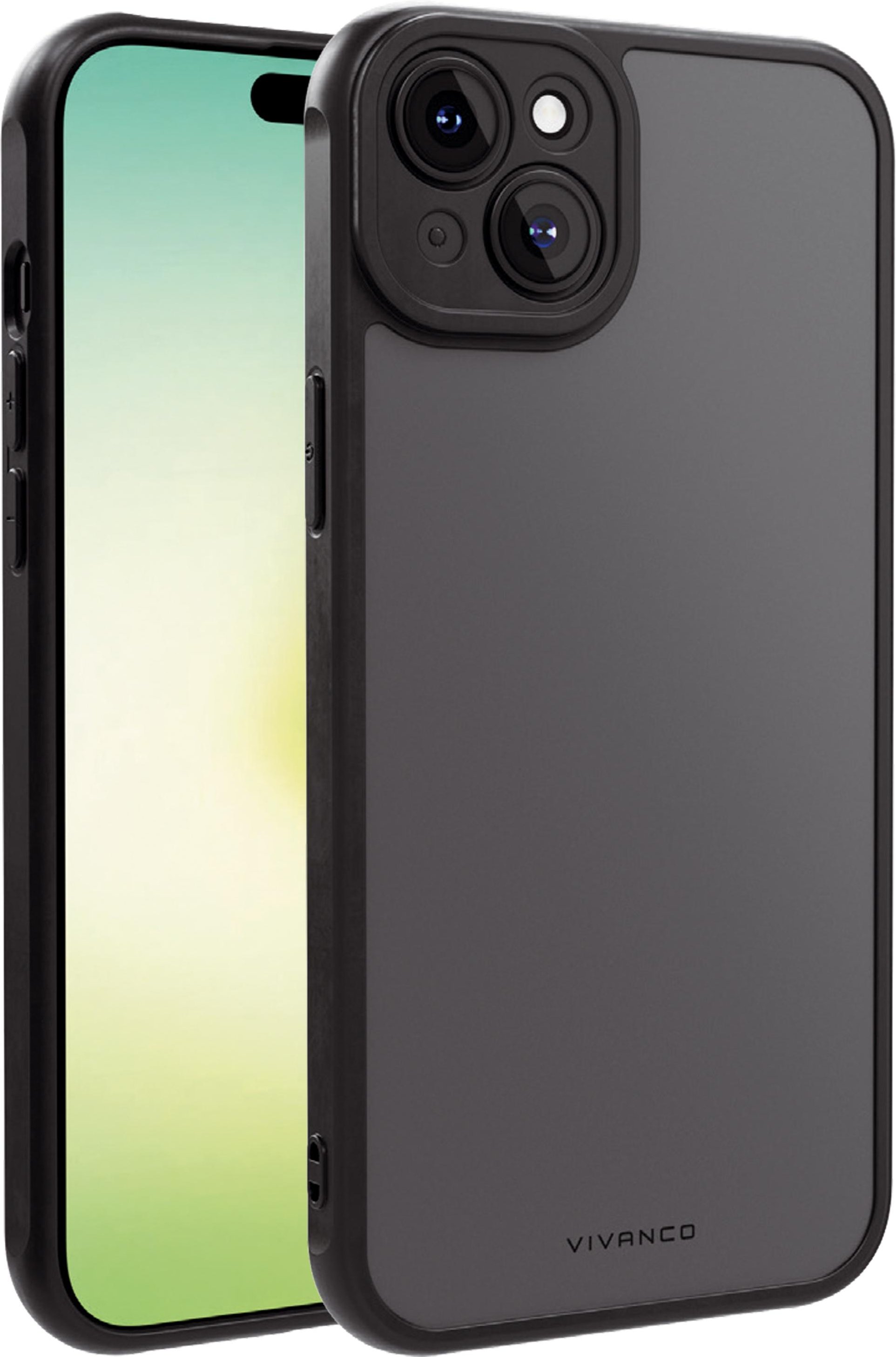 Frosted Cover für iPhone 15 Plus mit integriertem Kamera Schutzrahmen, semi-transparent/schwarz (63913) Handyhülle